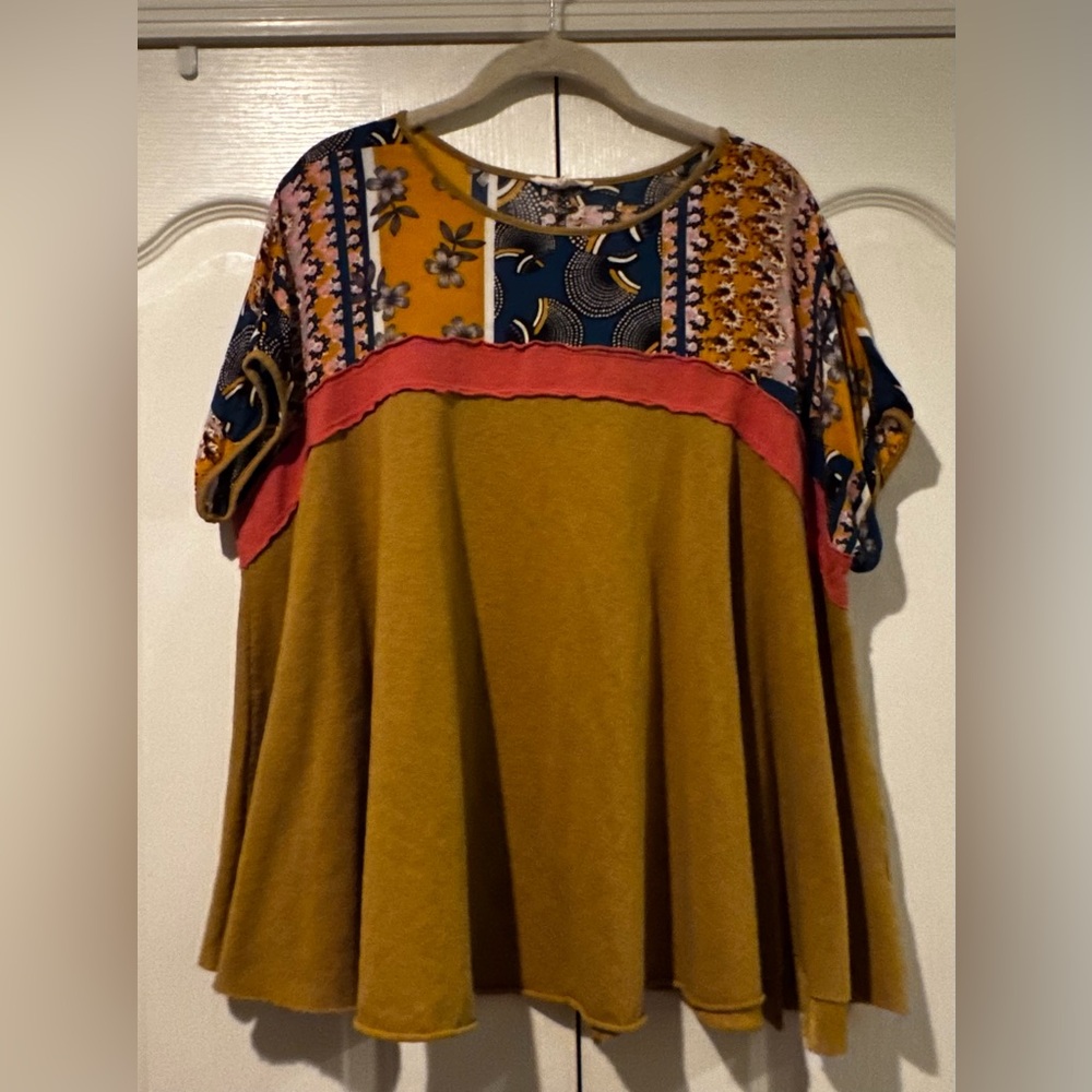 Easel Multicolor Patchwork Short Sleeve Blouse - … - image 1